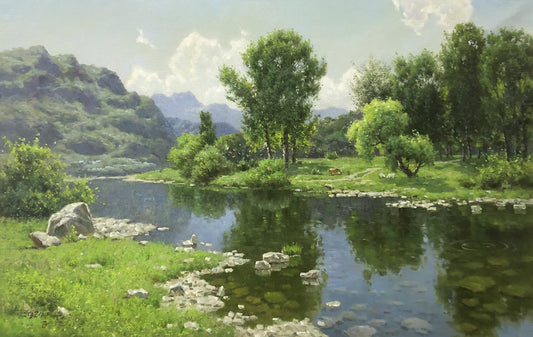 Original Oil Painting – River | Hand‑Painted North Korean Realist Landscape Art by Hong Chol 9216