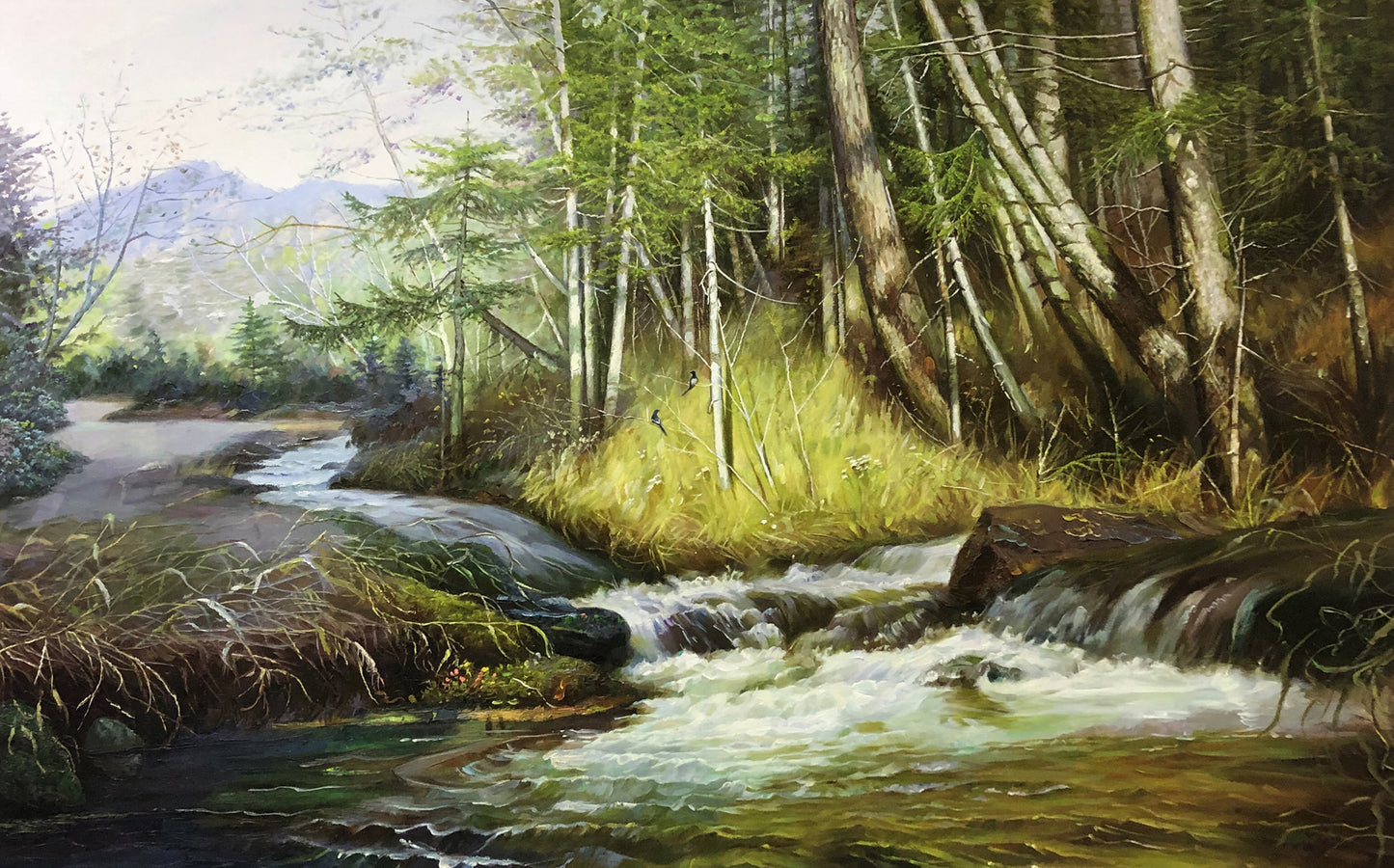 "Vibrant Mountain Stream" – Original Realistic Forest Landscape by Merited Artist Ro Chol Jun 9218