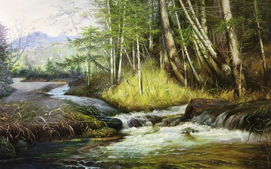 "Vibrant Mountain Stream" – Original Realistic Forest Landscape by Merited Artist Ro Chol Jun 9218
