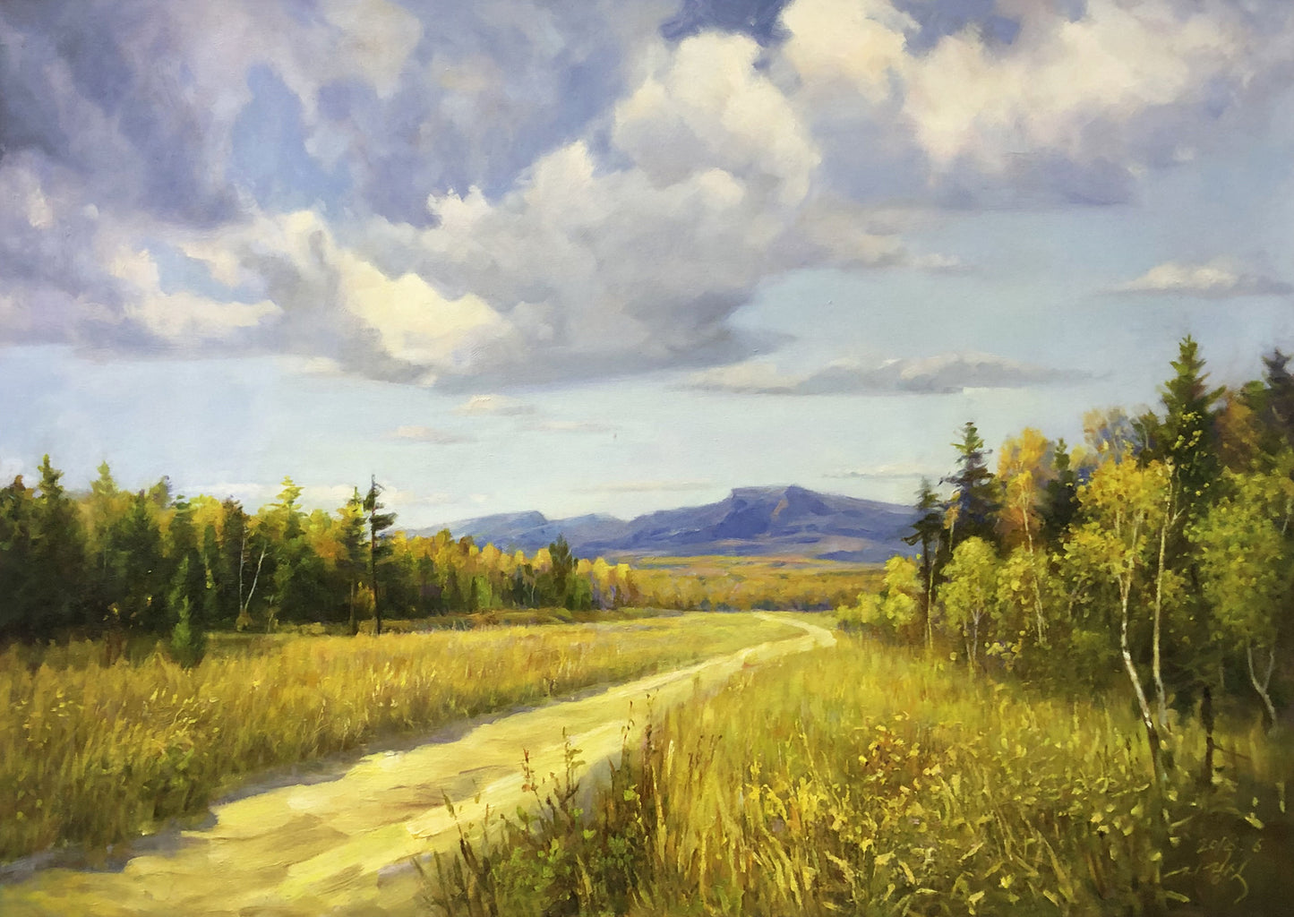 Original Oil Painting – Meadow | Hand‑Painted North Korean Impressionist Landscape Road Art by Ji Je Sik9228