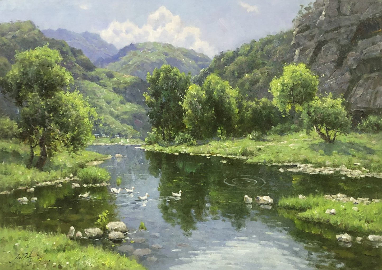 "Vibrant Mountain Stream" – Original Realistic Forest River Oil Painting by Master Hong Zhe 9263