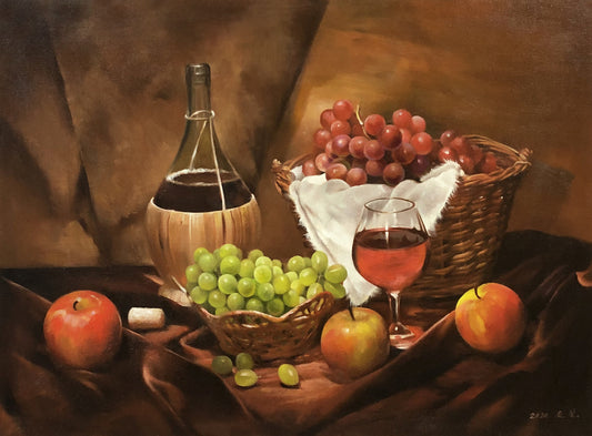 Original Oil Painting – Fruits & Wine | Hand‑Painted Realist Still Life Art by Yin Zhe 9282