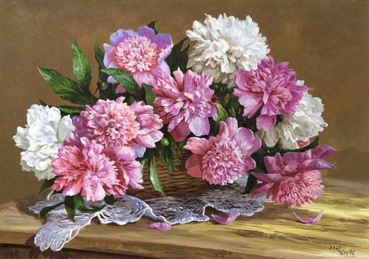 "Blooming Prosperity" – Original Peony Still Life Oil Painting by Master Artist Kim Dae Hyuk 9300