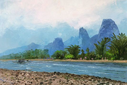 Original Oil Painting "Boating on the River" by Lim Seung Hee (Grade 1 Artist) | 54x37cm Ethereal Mountain & River Landscape 9316