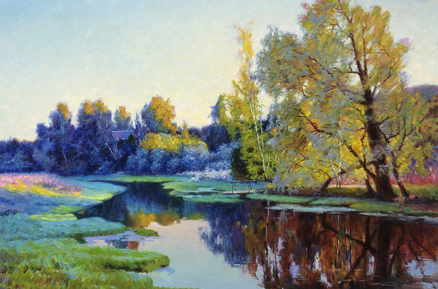 "Golden Willow & Blue River" – Original Impressionist Realistic Oil Painting 9340