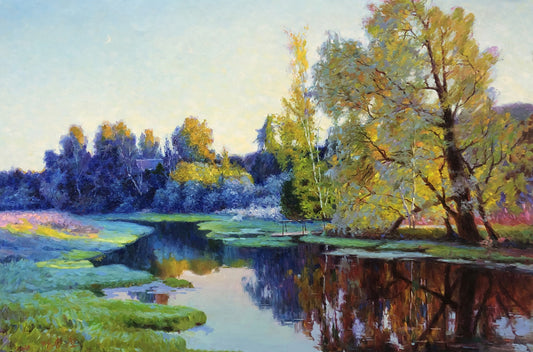 "Golden Willow & Blue River" – Original Impressionist Realistic Oil Painting 9340