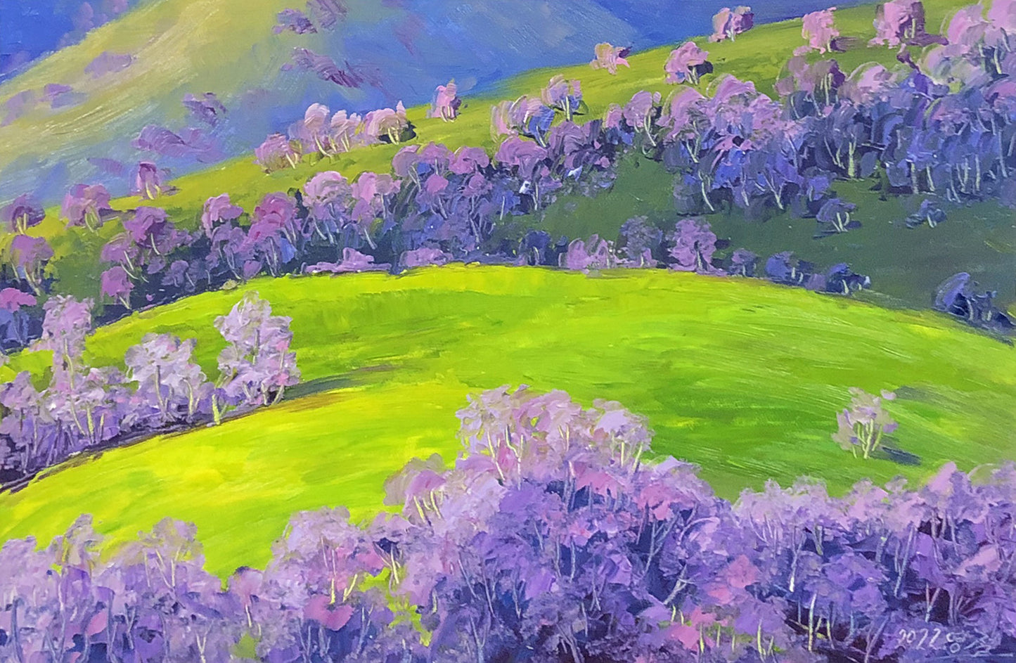 Original Oil Painting "Purple Grove" by Meritorious Painter Kim Young Chul – Collectible Hand-Painted Impressionist Landscape Art 9447