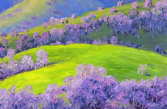 Original Oil Painting "Purple Grove" by Meritorious Painter Kim Young Chul – Collectible Hand-Painted Impressionist Landscape Art 9447
