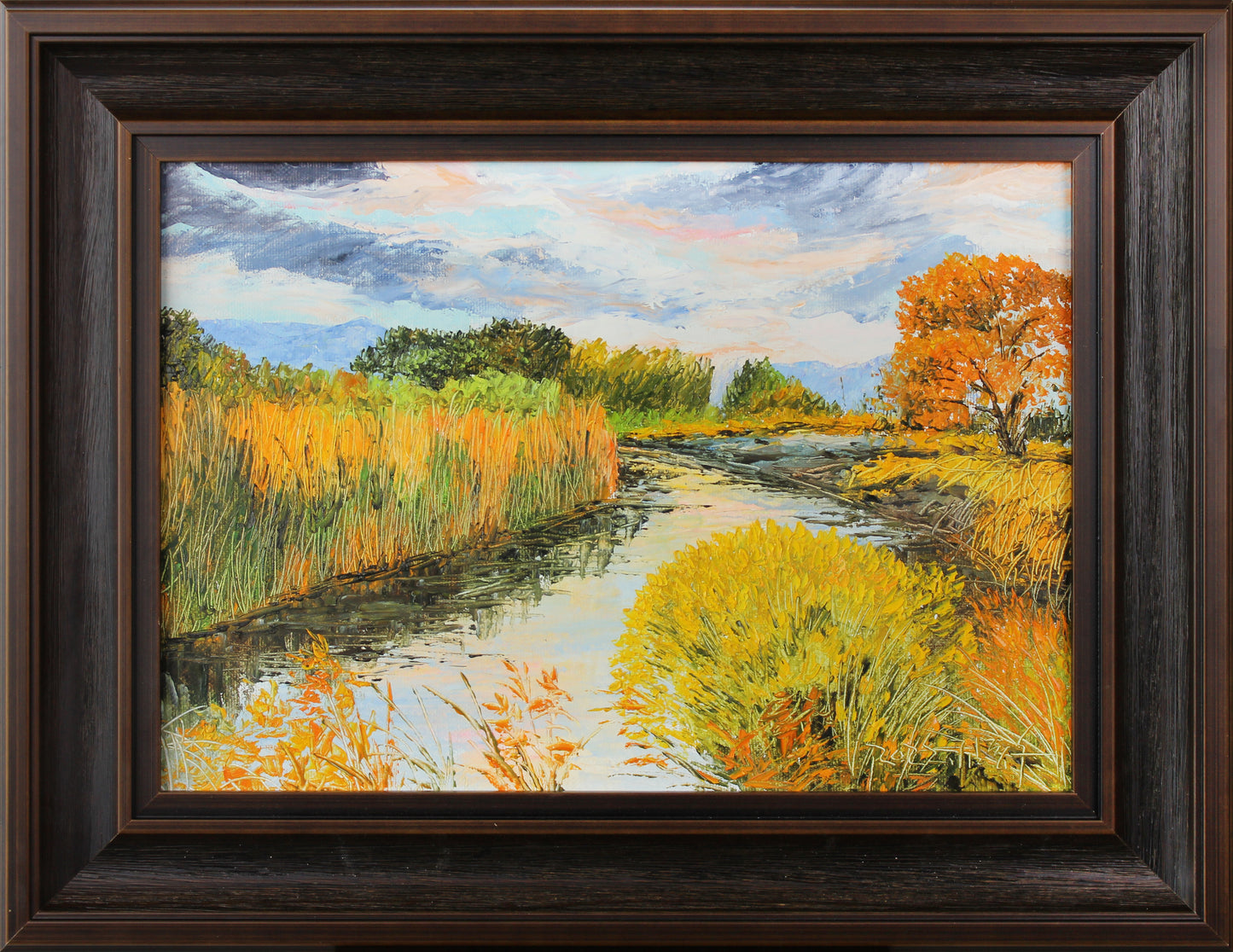 Autumn Stream Oil Painting by Kim Jong Su | Original Impressionist Wetland Landscape Art 9528