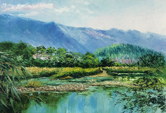 "Lush Foliage & Serene Mountains" - Original Impasto Landscape Oil Painting by First-Class Artist Jin Enxin | 53x37cm Hand-Painted Fine Art Canvas (Spring Vitality) 9540