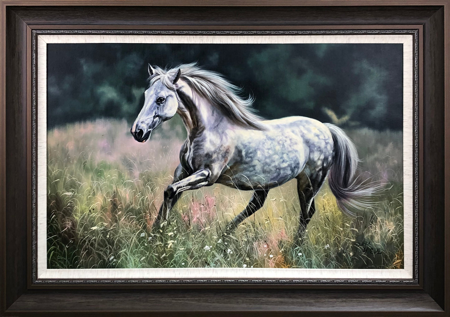Original Oil Painting – Galloping Dapple Horse | Hand‑Painted Hyper‑Realist Equine Art by Ri Un Chol  9644