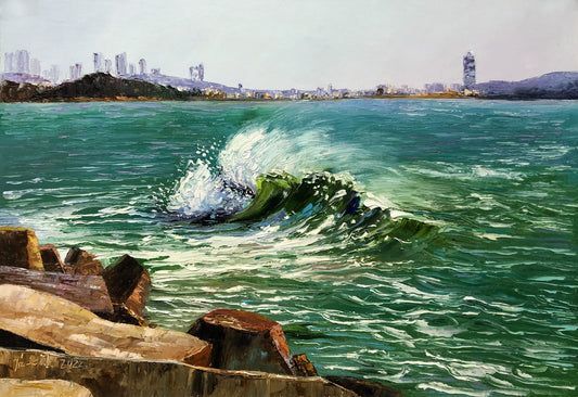 Original Oil Painting "Rippling Azure Waves" by Kim Eun Sim (Grade 1 Artist) | 53x38cm Modern Impasto Seascape & City Skyline 9747