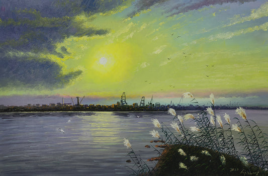 Original Oil Painting "Harbor Sunrise" by Choe Myong Song (Grade 1 Artist) | 90x60cm Modern Impressionist Seascape 9786
