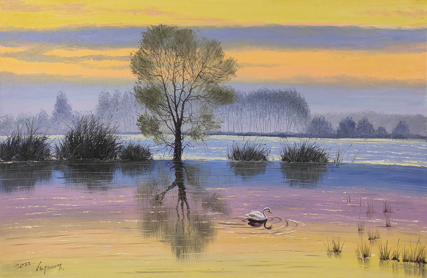 "Swan Lake Serenity" – Original Realistic Misty Forest Oil Painting by Master Artist Choe Myong Song 9787
