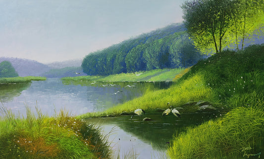 Original Oil Painting – River Landscape with Cranes | Hand‑Painted Impressionist Wetland Art by Choi Myung Sung 9788