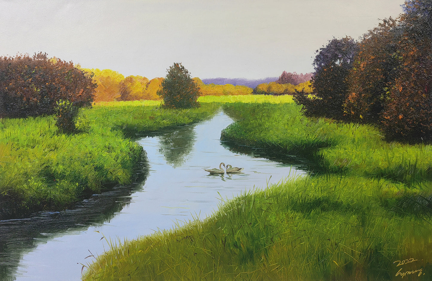 Original Oil Painting – River with Swans | Hand‑Painted Impressionist Wetland Landscape Art by Choi Myung Sung 9800