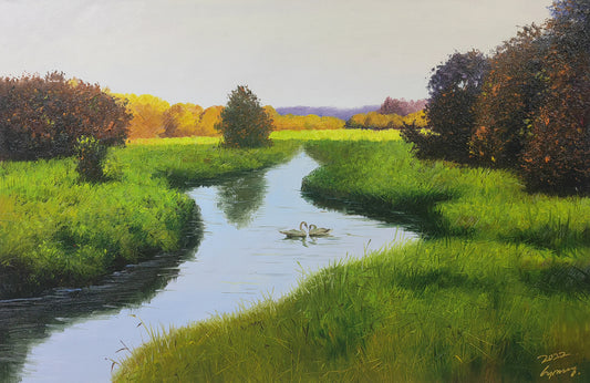 Original Oil Painting – River with Swans | Hand‑Painted Impressionist Wetland Landscape Art by Choi Myung Sung 9800