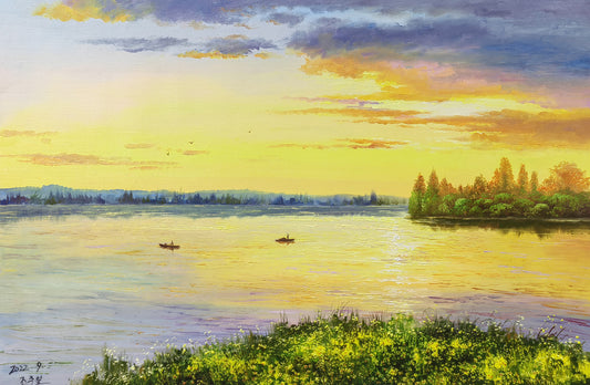 Original Oil Painting – Sunset Lake | Hand‑Painted Impressionist Lake Landscape Art by Jo Ju Il 9837