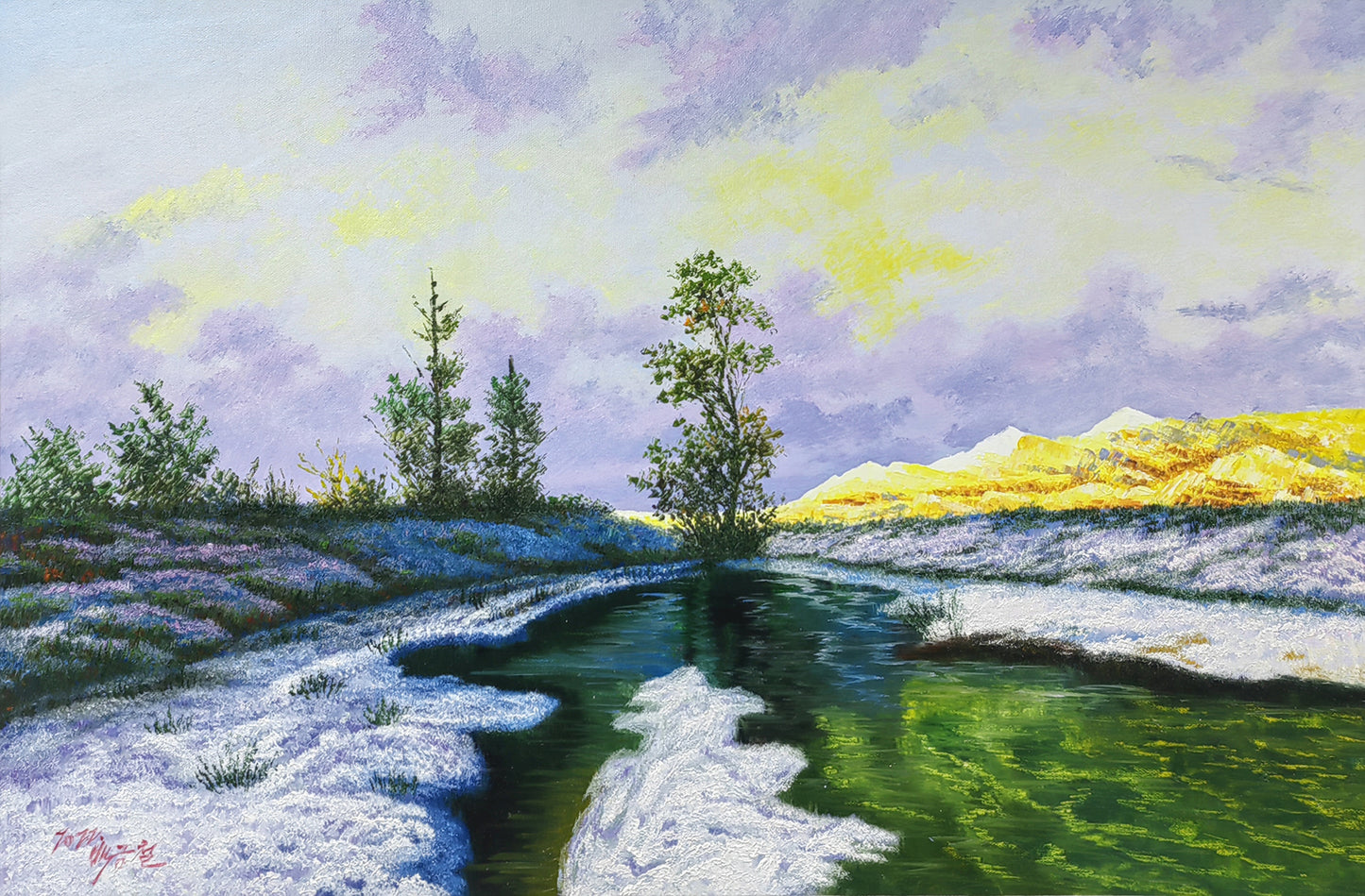 "Winter’s Tranquil Radiance" – Original Realistic Snowscape Oil Painting by Master Baek Geum Chol 9886