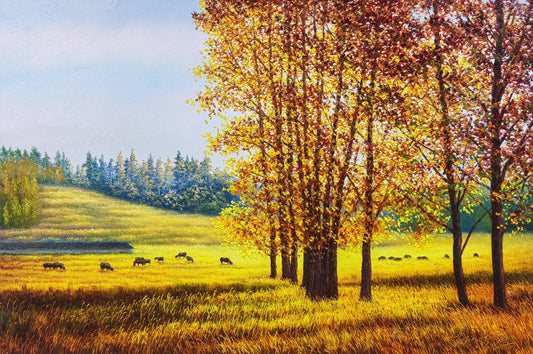 "Golden Harvest Forest" – Original Autumn Pastoral Oil Painting by First-Class Artist Paek Kum Chol 9902