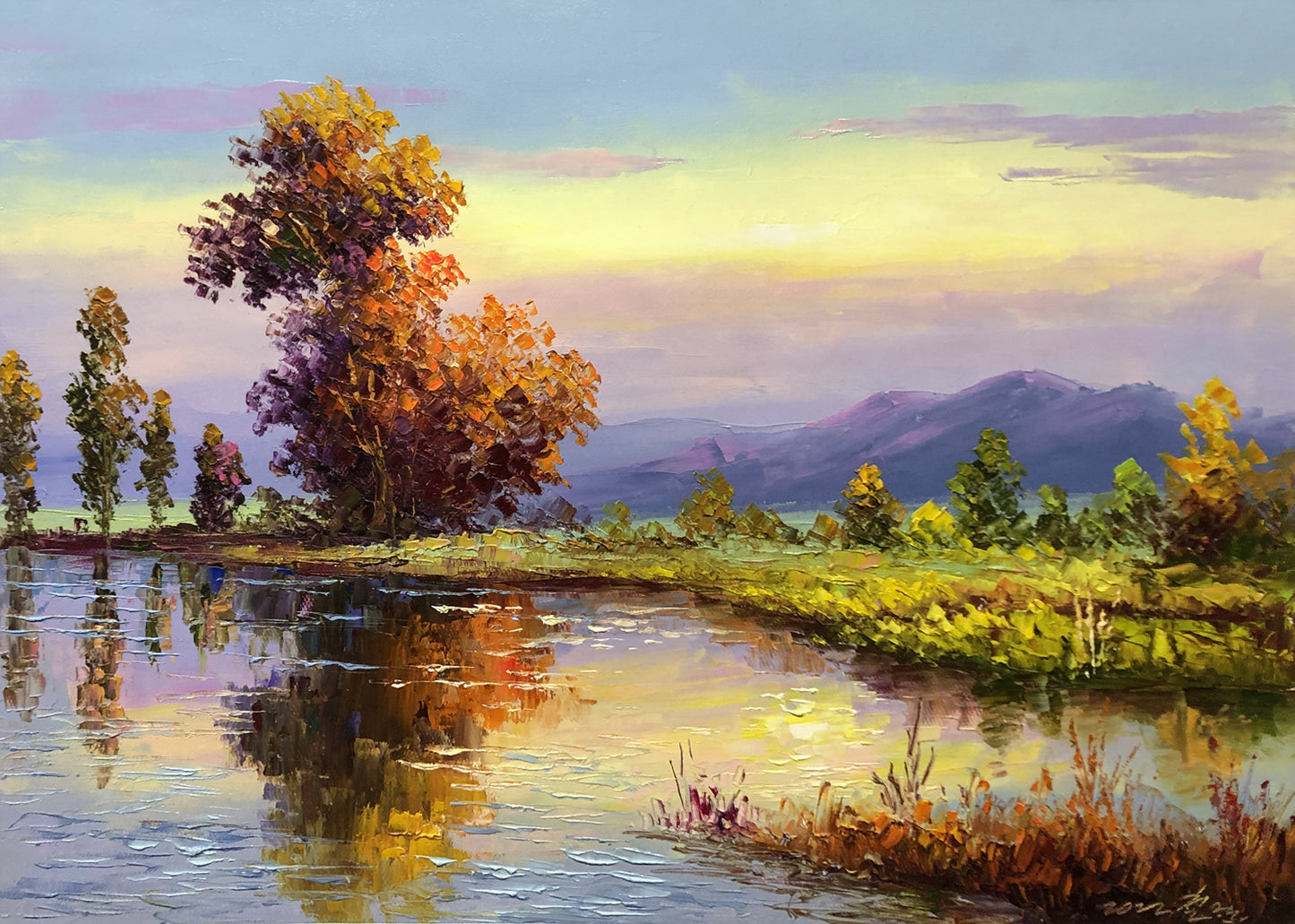 "Golden Autumn Reflection" - Original Impressionist Landscape Oil Painting by First-Class Artist Jin Zhejun | 53x38cm Hand-Painted Fine Art Canvas 9909