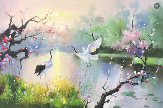 Dancing Cranes Oil Painting by Ko Jin Su | Original Impressionist Lake Landscape Art BR1328