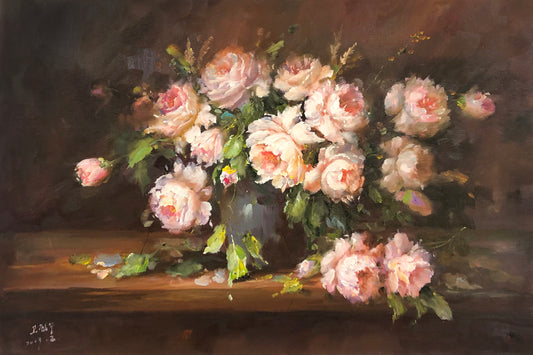 "Peonies in Full Bloom" - Original Classical Chiaroscuro Still Life Oil Painting by First-Class Artist Gao Jinxiu | 91x62cm Hand-Painted Textured Impasto Fine Art Canvas BR1470
