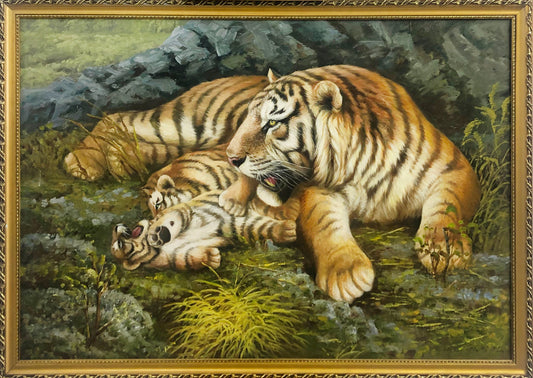 Original Oil Painting "Tiger Family" by DPRK Meritorious Painter Kim Young Jin – Collectible Hand-Painted Hyper-Realist Wildlife Art br1484