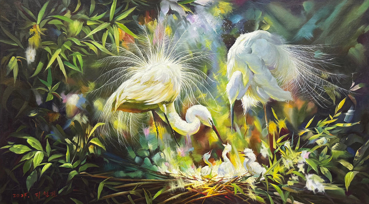 Original Animal Oil Painting “Egret Song in the Green Shade” by First-Class Painter Li Zhejin DMC139
