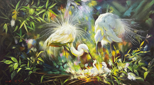 Original Animal Oil Painting “Egret Song in the Green Shade” by First-Class Painter Li Zhejin DMC139
