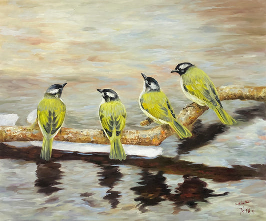 Original Oil Painting – Four Light‑Vented Bulbuls | Hand‑Painted Hyper‑Realist Bird Art by Kim Kyung Mi G2039