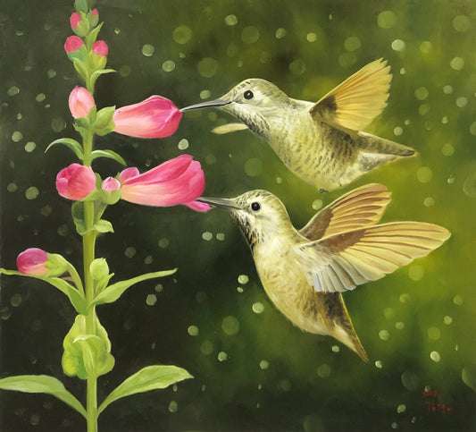 "Vibrant Wings Among Flowers" – Original Realistic Oil Painting by Master Kim Kyong Mi G2044