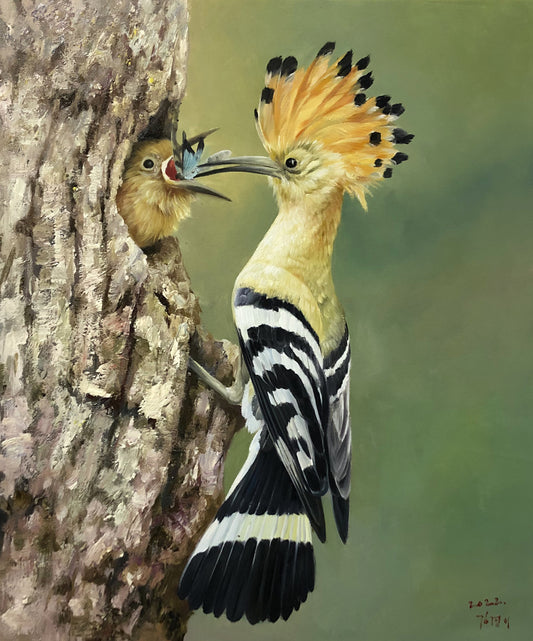 Original Oil Painting – Hoopoe Feeding Chick | Hand‑Painted Hyper‑Realist Bird & Animal Art by Kim Kyung Mi G2045