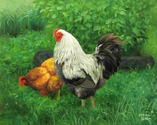 Original Oil Painting – Rooster & Hen | Hand‑Painted Hyper‑Realist Farm Animal Art by Kim Kyung Mi G2054