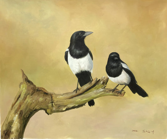 Original Oil Painting – Magpies | Hand‑Painted Hyper‑Realist Bird Art by Kim Kyung Mi G2071
