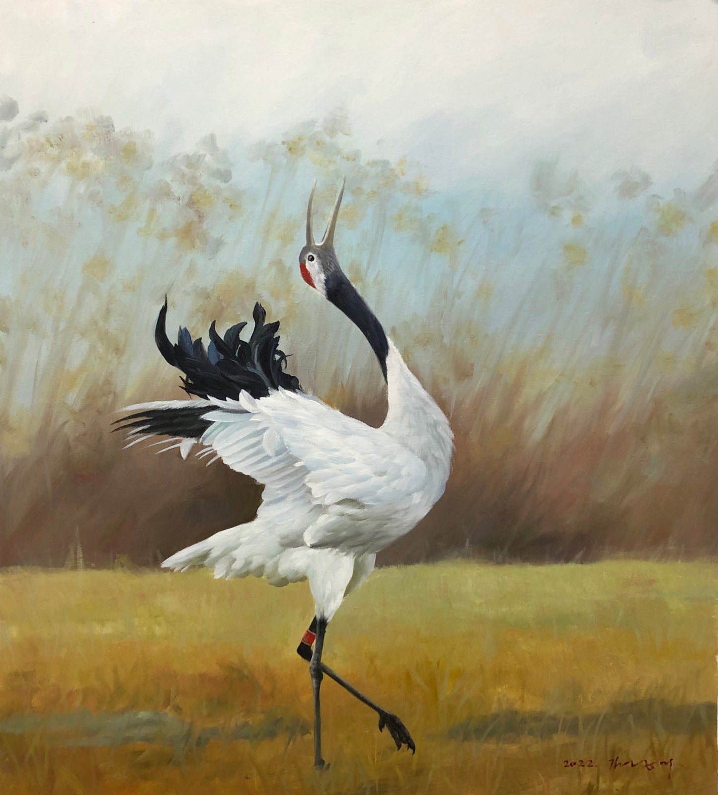 Original Oil Painting "Dancing Red-Crowned Crane" by First-Class Painter Kim Kyung Mi – Collectible Hand-Painted Wildlife Art G2086