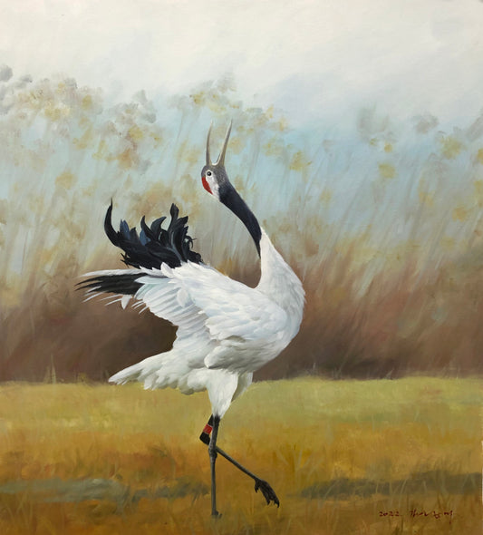 Original Oil Painting "Dancing Red-Crowned Crane" by First-Class Painter Kim Kyung Mi – Collectible Hand-Painted Wildlife Art G2086