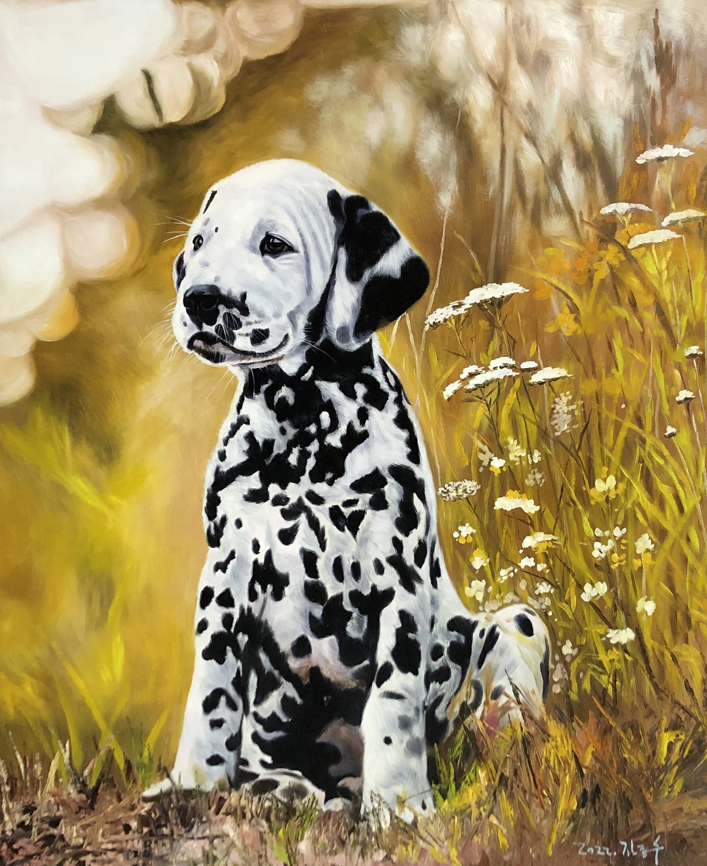 Original Oil Painting – Dalmatian Puppy in Meadow | Hand-Painted Hyper-Realist Dog Art by Kim Jong Su G2156