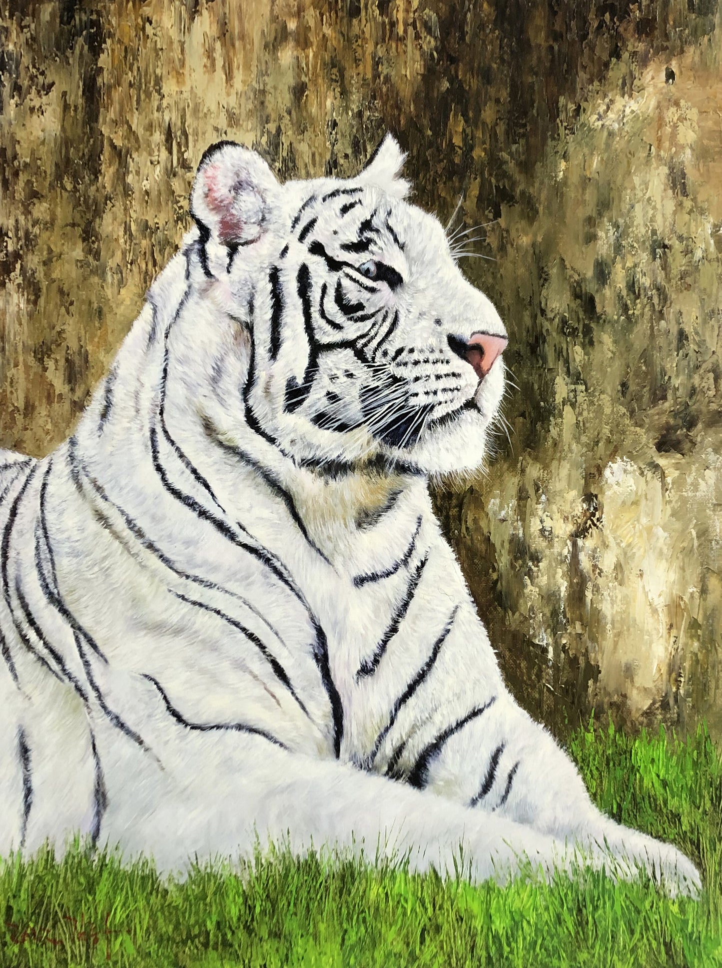 Original Wildlife Oil Painting "The Majestic White Tiger" by Kim Jong Su (First-Class Artist) | 73x91cm Hand-Painted Hyper-Realist Tiger Masterpiece Canvas G2162