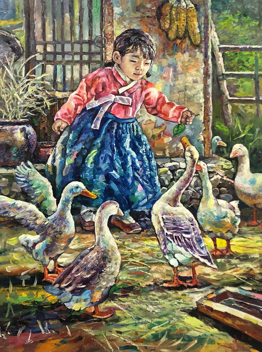 Original Oil Painting – Girl Feeding Geese | Hand‑Painted Impressionist Rural Figurative Art by Choi Tae Yong G2167