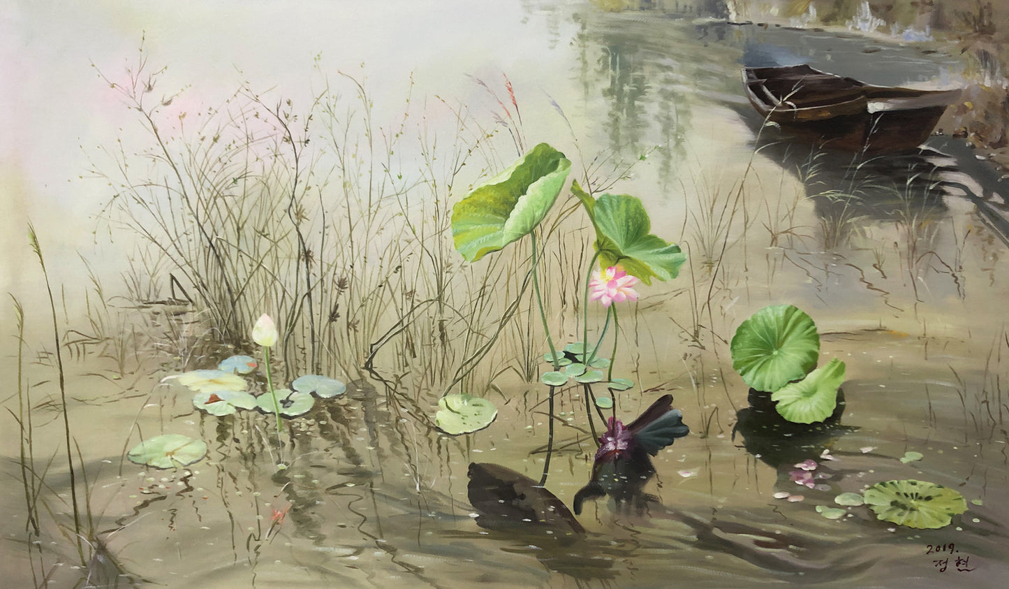 Original Oil Painting "Lotus Pond Reflection" by Jeong Hyeon (Grade 1 Artist) | 117x77cm Zen Ethereal Seascape G2181