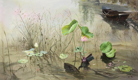 Original Oil Painting "Lotus Pond Reflection" by Jeong Hyeon (Grade 1 Artist) | 117x77cm Zen Ethereal Seascape G2181