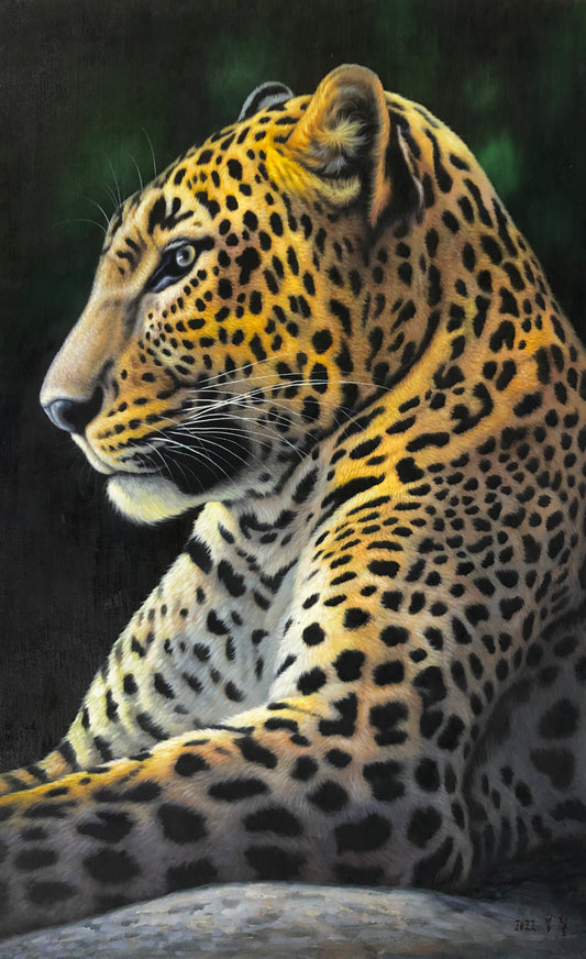 Original Oil Painting "The King's Glance (Leopard)" by Yeong Cheol (Grade 1 Artist) | 117x81cm Large Vertical Hyper-Realistic Wildlife Masterpiece G2187