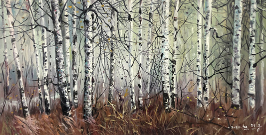 "The Birch Forest" By Renowned First-Class Artist Han Xianzhong – Original Hand-Painted Landscape Oil Painting (117×63 cm) G2193