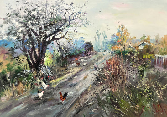 "The Village Path" - Original Impressionist Rural Landscape Oil Painting by First-Class Artist Ming Ri (2022) | Hand-Painted Textured Impasto Fine Art Canvas G2195