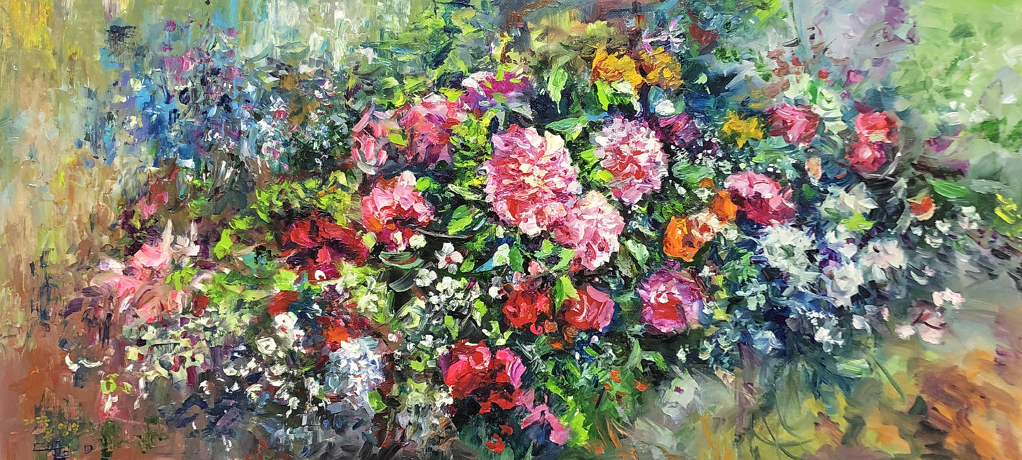 Original Floral Oil Painting "Blooms in Harmony" by Hong Myong Il (Grade 1 Artist) | 100x47cm Elegant Impressionist Wildflowers Masterpiece G2218