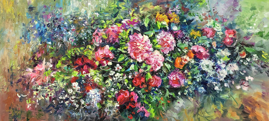Original Floral Oil Painting "Blooms in Harmony" by Hong Myong Il (Grade 1 Artist) | 100x47cm Elegant Impressionist Wildflowers Masterpiece G2218