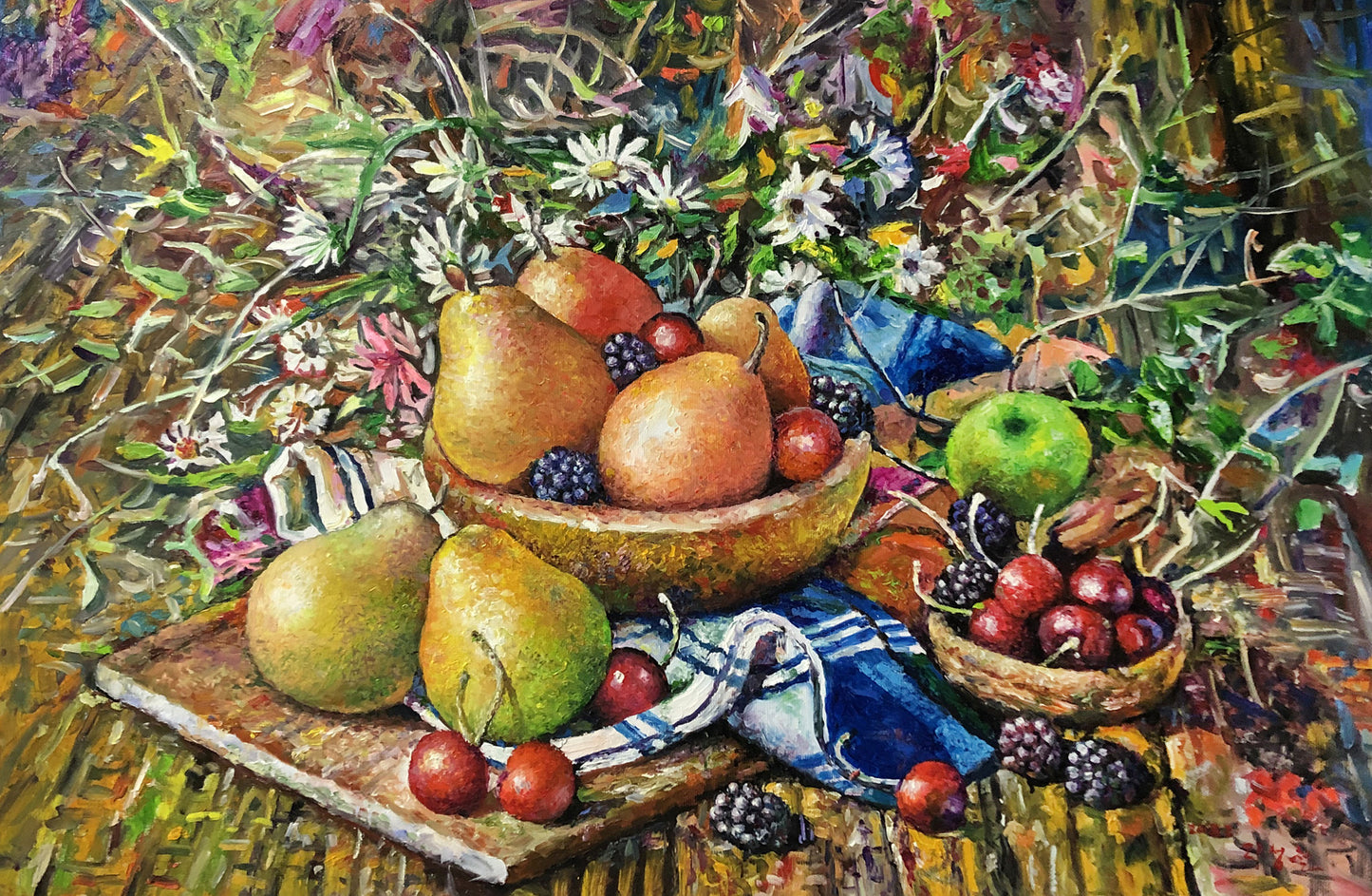 Original Still Life Oil Painting "Bountiful Harvest (Fruits)" by Ri Seong Cheol (Grade 1 Artist) | 100x67cm Large Horizontal Post-Impressionist Masterpiece G2221
