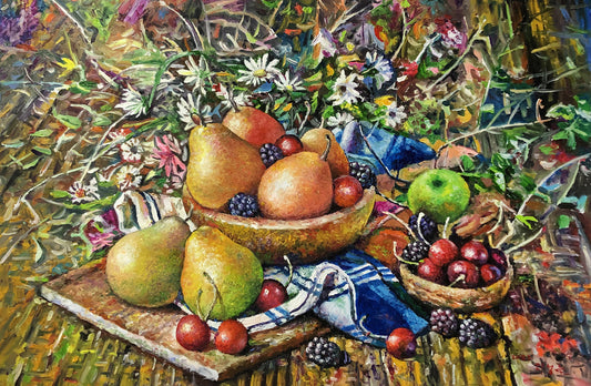 Original Still Life Oil Painting "Bountiful Harvest (Fruits)" by Ri Seong Cheol (Grade 1 Artist) | 100x67cm Large Horizontal Post-Impressionist Masterpiece G2221