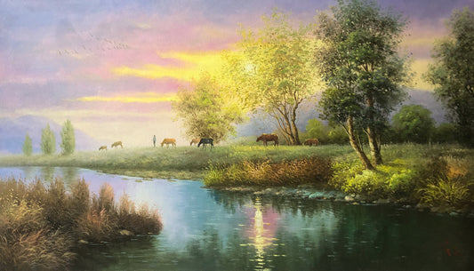 "Cattle by the Stream" - Original Landscape Oil Painting by Top-Tier North Korean Artist Zhe Nan (122×71cm) G2227